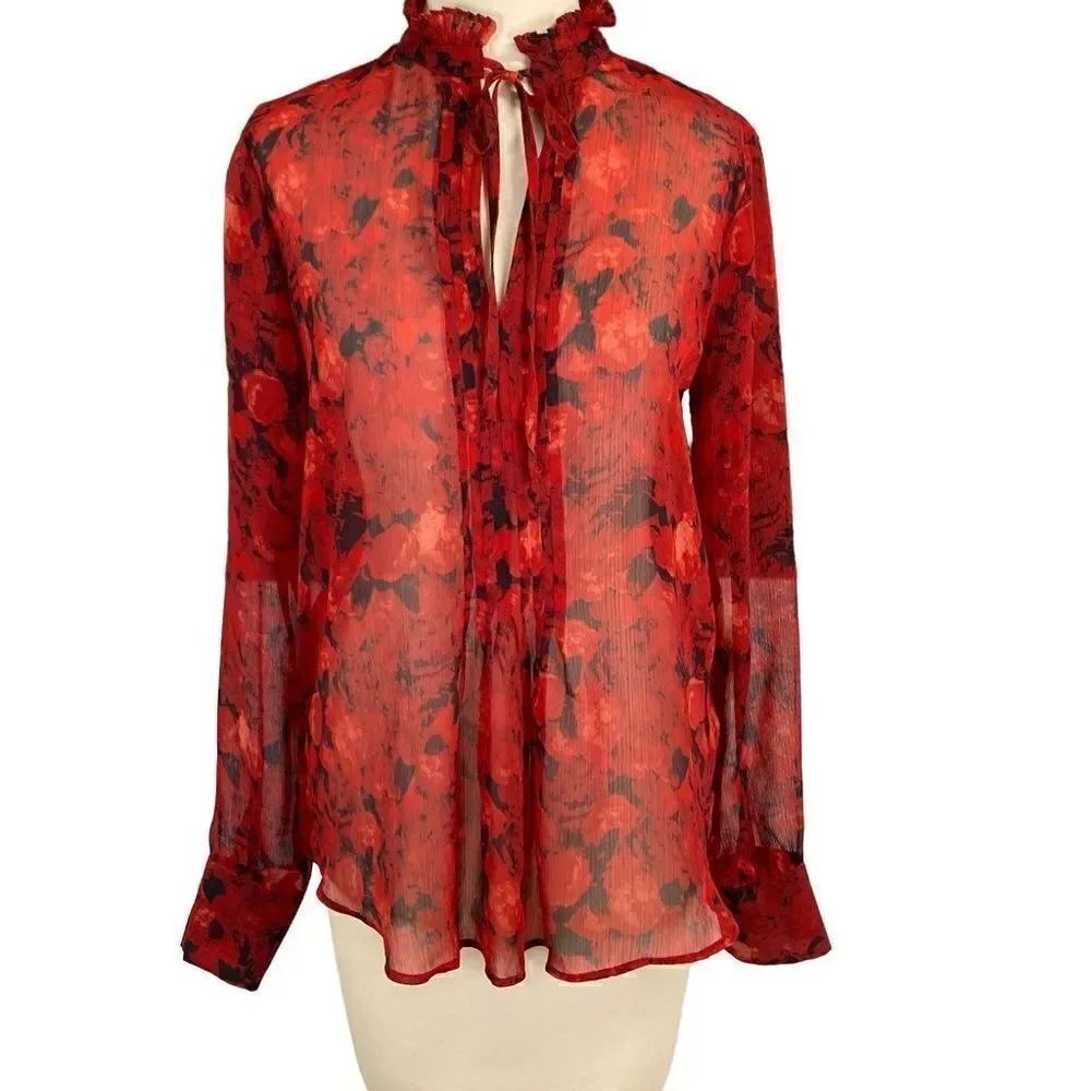 Joe Fresh Sheer Red Black Floral Ruffle Collar Tie Front Top Size Small